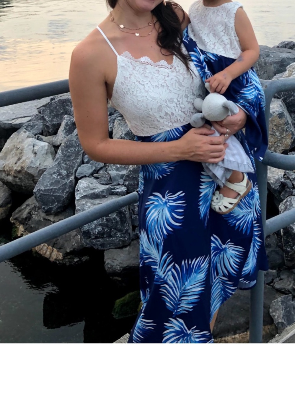 PatPat White Lace Top with Blue Palm-Print Dress